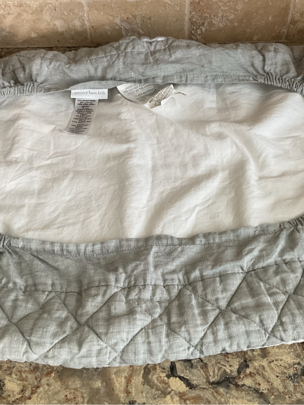 Pottery Barn Kids Quilted Linen Changing Table Cover in Light Gray and White